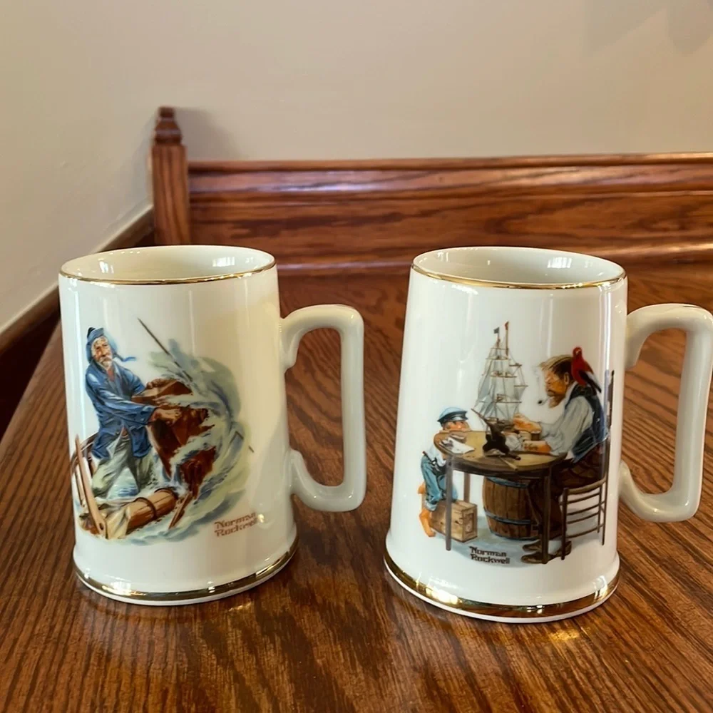 NORMAN ROCKWELL 2 (pair) Mugs. Braving the storm / For a good boy collectibles